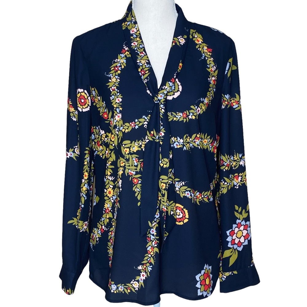 ModCloth Pleasant Confidence Tie Neck Black Floral Top Size M